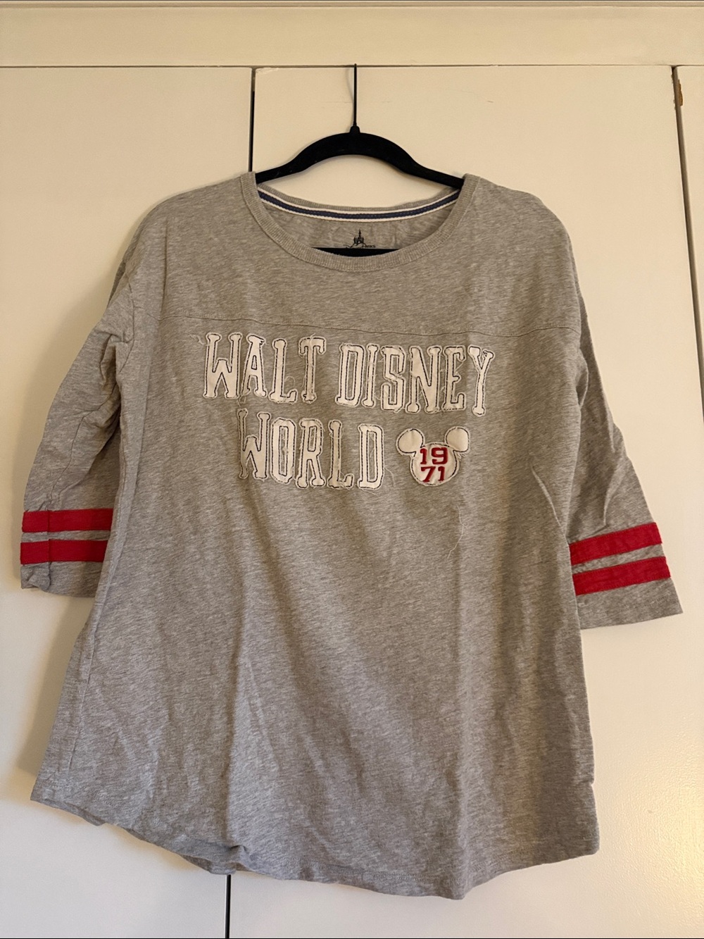 Disney Gray Tee with Red Stripe Sleeve Accents